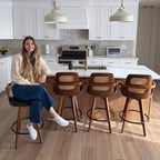 Mid Century Counter Stools, 26.3" Kitchen Island Stools with Curved Back | 360° Swivel, Ergonomic Rattan Back, Walnut Bentwood Frame, Natural Wood Legs, Faux Leather Upholstered for Kitchen, Island