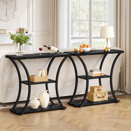Hoctieon 3 Tier Console Table with Open Wood Shelves, Decorative Entryway Table with Curved Metal Frames, Narrow Sofa Table for Entrance, Living Room, Hallway, Black Marbled