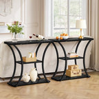 Hoctieon 3 Tier Console Table with Open Wood Shelves, Decorative Entryway Table with Curved Metal Frames, Narrow Sofa Table for Entrance, Living Room, Hallway, Black Marbled