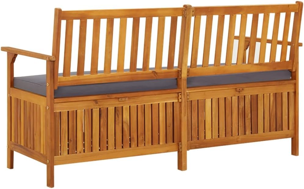 Outdoor Storage Bench with Cushion 58.3 inch Solid Acacia Wood Patio Furniture for Entryway Garden Deck Porch Seating and Organization Dark Gray