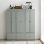 Pemberly Row Modern Wood/Metal Pantry Closets, 74" H x 66" W x 12.5" D, Distressed Gray Finish, Set of 3 Modular Cabinets with Adjustable Shelves, Drawers, Hooks, Traditional or Farmhouse Style