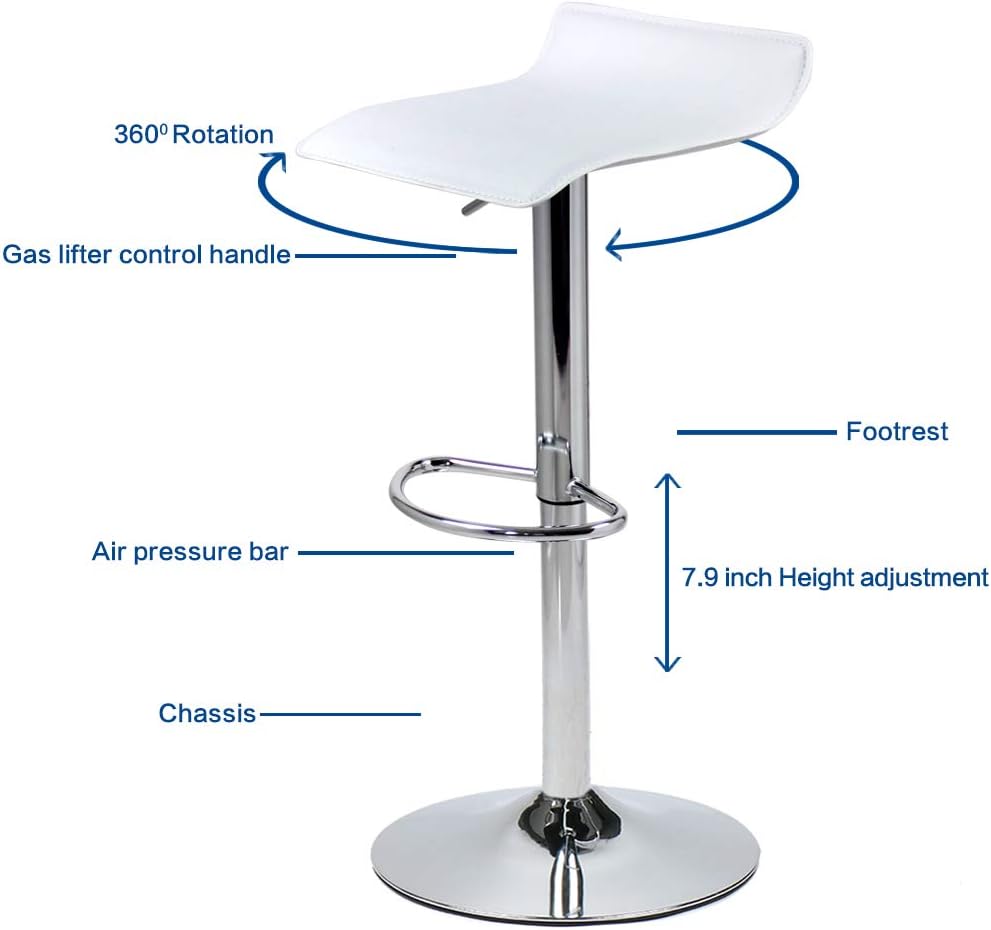 Set of 2 Barstool, Adjustable Swivel Bar Stools with PU Leather and Chrome Base, Gaslift Pub Counter Chairs, White | Swivel, PU Leather, Chrome Base, Gas Lift, Ideal for Kitchen, Home Bar, Pub, Kitchen Island