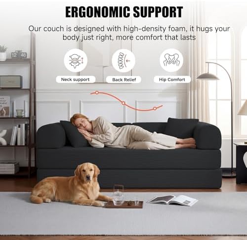 79" Sofa Bed,Convertible Futon Sofa Bed, Couch for Living Room | 6-In-1 Convertible Sofa Bed,Corduroy Futon Sleeper Sofa,Modular Pull Out Couches for Bedroom,Lounge,No Assembly Black Couch