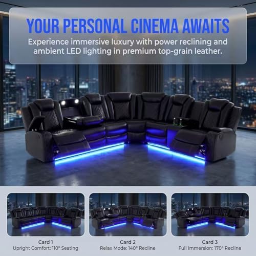 A Ainehome Power Furniture Reclining Sectional Sofa Set, Living Room Power Recliner Adjustable Sofa, Loveseat and Chair with USB Chargers/Storage Console for Living Room/Office(A-Black)