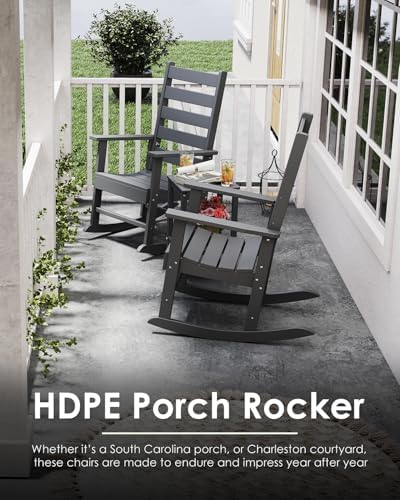 GREENVINES Outdoor Rocking Chairs Set of 2, HDPE Porch Rockers, Grey | Big & Tall | Heavy Duty Patio Rocker Chair | All Weather | Low Maintenance | 350LBS Capacity for Balcony Garden Backyard
