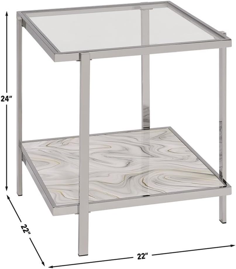 Pemberly Row Contemporary 3-Piece Coffee & End Table Set, Engineered Wood and Chrome, Tempered Glass Tops, Faux-Stone Pattern, Living Room Furniture Set with Storage Shelves