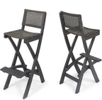 Saiveina 41.75" Outdoor Folding Acacia Wood Barstools with PE Rattan Backrest and Seat, Dark Grey Finish (Set of 2)