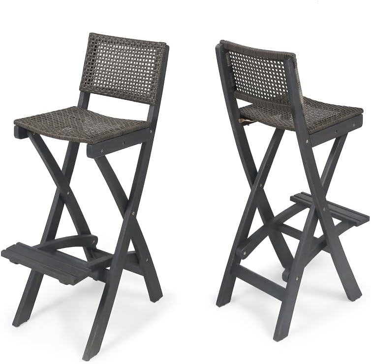 Saiveina 41.75" Outdoor Folding Acacia Wood Barstools with PE Rattan Backrest and Seat, Dark Grey Finish (Set of 2)