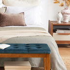 Ottoman Bench Upholstered Padded Seat with Solid Wood Legs and Button-Tufted, Big Oversized Ottoman, Velvet Navy