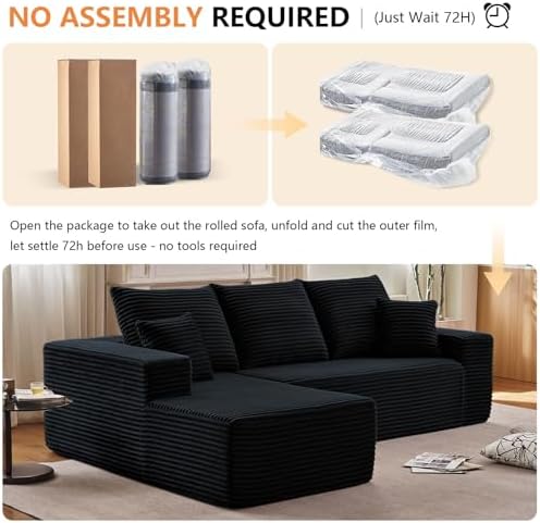 Sectional Couches for Living Room Cloud Couch Sofa with L-Shape Couch in a Box Upholstered Couchs Modern Modular Sectional Couch with Chaise(Black,3 Seater-Right-Facing Chaise-96)