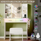 Makeup White Vanity Desk with Lights and Mirror, Small Vanity for Bedroom | Vanity set with Stool, 3 Lighting Modes, Adjustable Brightness, Storage Shelves, Hair Dryer Holder and Spacious Tabletop