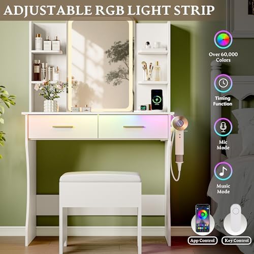 Makeup White Vanity Desk with Lights and Mirror, Small Vanity for Bedroom | Vanity set with Stool, 3 Lighting Modes, Adjustable Brightness, Storage Shelves, Hair Dryer Holder and Spacious Tabletop