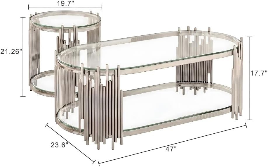 Coffee Table Set, 2-Piece Oval Glass Nesting Tables, Polished Chrome | Rhythmic Vertical Metal Rods Add Sculptural Style to Living Rooms, Offices, and Lounge Areas