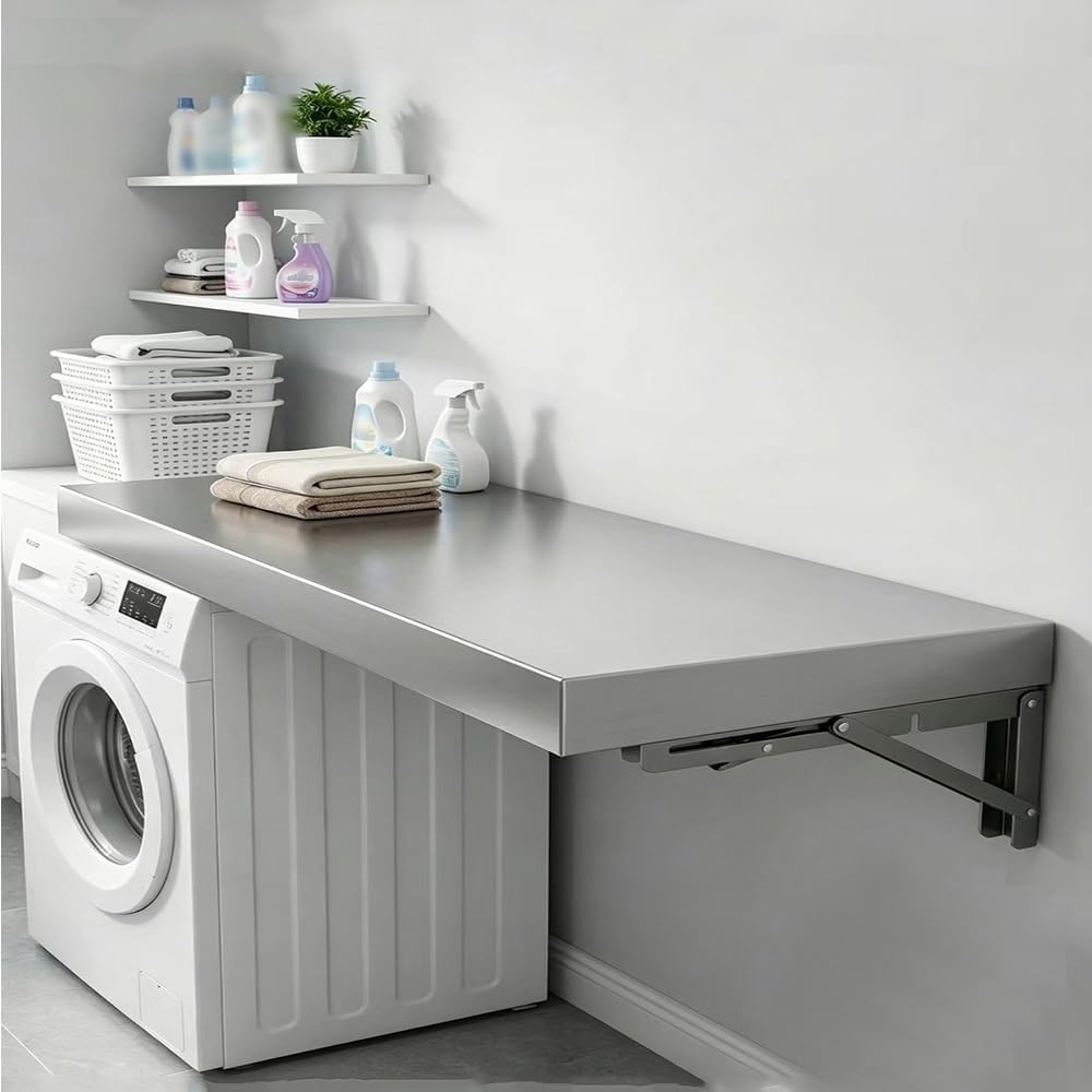 Laundry Folding Table Stainless Steel Wall Mounted Workbench, Desk Concession Shelf for Restaurant Garage Balcony Bathroom(40x40cm/16x16in)