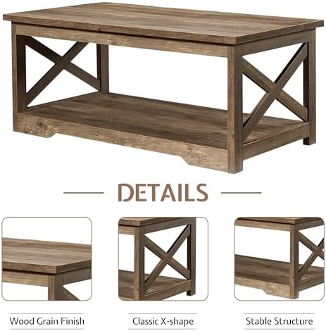 LUXOAK 3 Piece Living Room Table Set with Barn Door, Barnwood | Includes Coffee Table and 2 End Tables, Charging Station &USB Ports, Rustic Farmhouse Style, Living Room Furniture Set