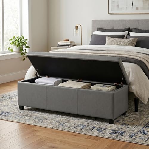 SIMPLIHOME Avalon 48" Wide Vegan Leather Storage Ottoman in Stone Grey | Contemporary lift-top ottoman with high-density foam; rectangle storage bench or coffee table for living room or entryway.