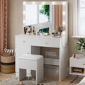 Haewon White Makeup Vanity Desk with Lighted Mirror and Storage Chiar Set | 11 LED Light Bulbs, 3 Lighting Modes, Built-In Charging Station, Storage Cabinet and Drawe for Bedroom