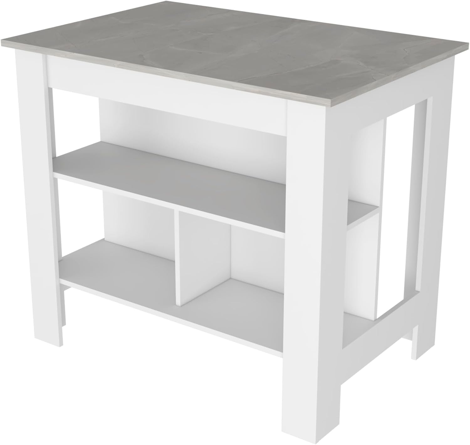Kitchen Island with Three Shelves, White and Ibiza Marble Finish | Three storage shelves with varying dimensions for organized kitchen storage