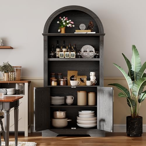 Vlsrka Kitchen Pantry Storage Cabinets with Adjustable Shelves, 71" Tall | Arched Wooden Cabinet with Doors, 3 Colors LED Lights, Motion Sensor, Freestanding, for Living/Dining Room, Black