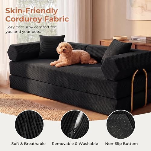79" Convertible Futon Sofa Bed, Couch for Living Room | Black | 5-in-1 Corduroy Modular Futon Couch with Pocket Springs, Sleeper Sofa, Pull Out Couch Bed, No Assembly