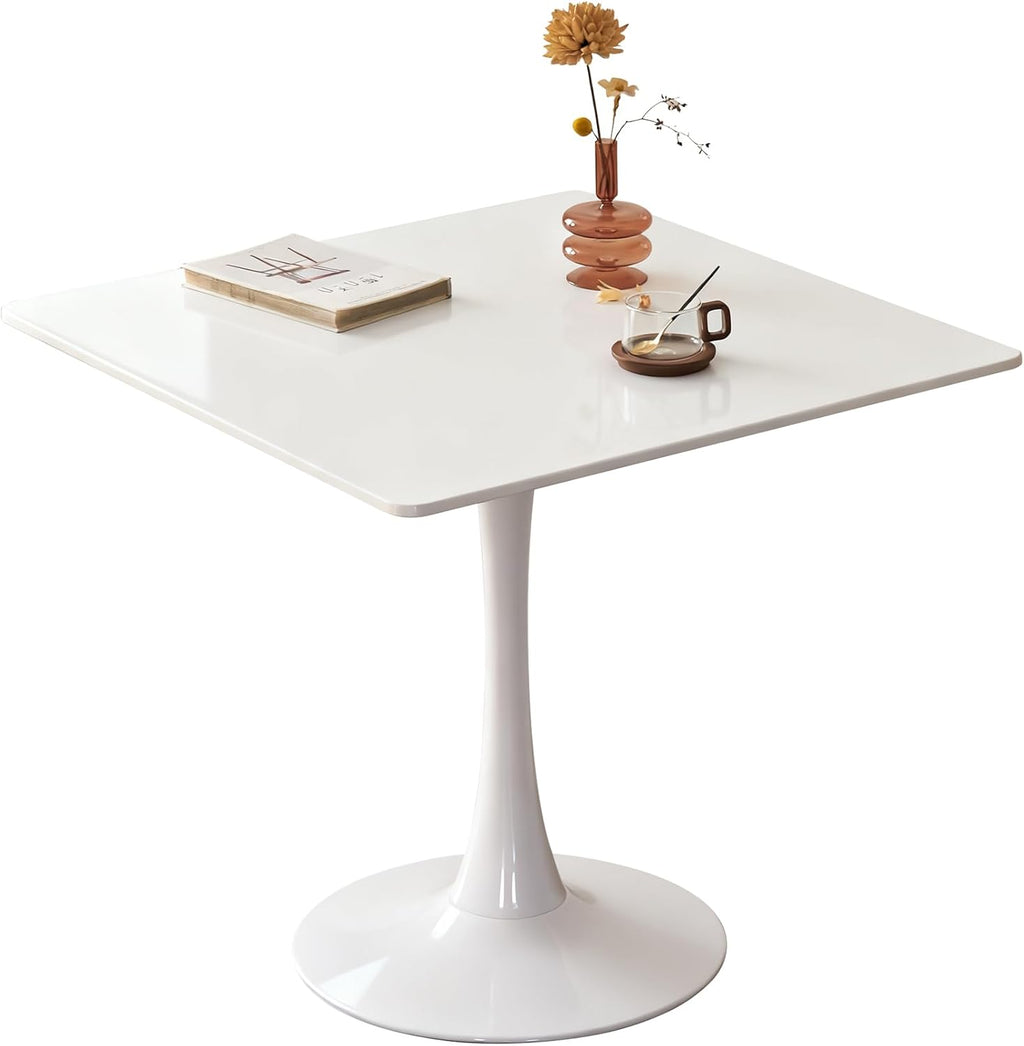 Square Dining Tulip Table for 4, Mid-Century Modern Table with Sturdy Metal Pedestal for Kitchen, Bistro, Cafe, Leisure (White, 31.5 INCH)