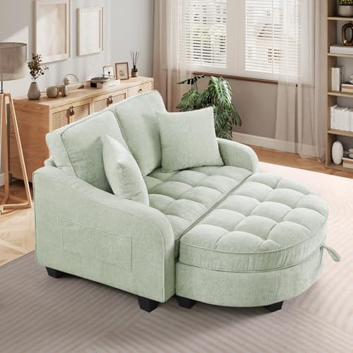 Oversized Chaise Lounge Chair Indoor with Adjustable Backrest, Chenille Tufted Comfy Loveseat Sofa Chair with Ottoman, Fluffy Recliner Sofa, Convertible Sleeper Couch Bed for Living Room(51"W, Cyan)