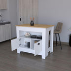 Kitchen Island Geneva, White/Macadamia with Spacious Workspace and Ample | 40.5" x 27.5" Macadamia countertop with ample storage and engineered wood frame