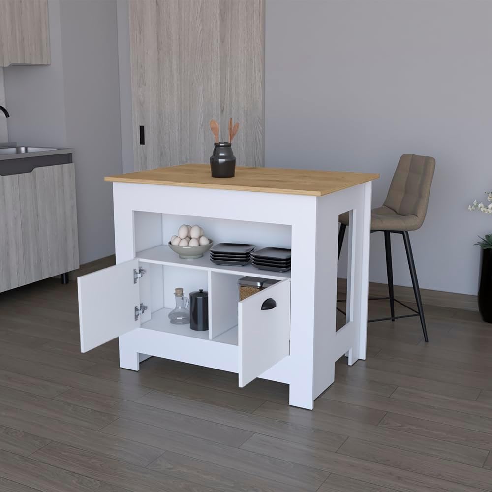 Kitchen Island Geneva, White/Macadamia with Spacious Workspace and Ample | 40.5" x 27.5" Macadamia countertop with ample storage and engineered wood frame