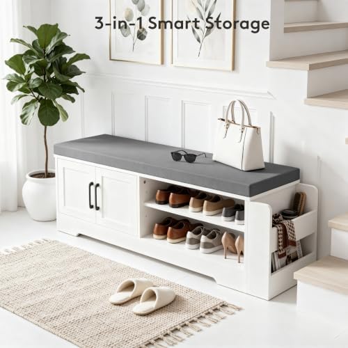 Farmhouse Shoe Storage Bench with 3-in-1 Entryway Storage & Padded Seat | 47.3" Wide Entryway Bench with Adjustable Shelves, Shoe Organizer & Side Storage Rack for Living Room, Bedroom, White