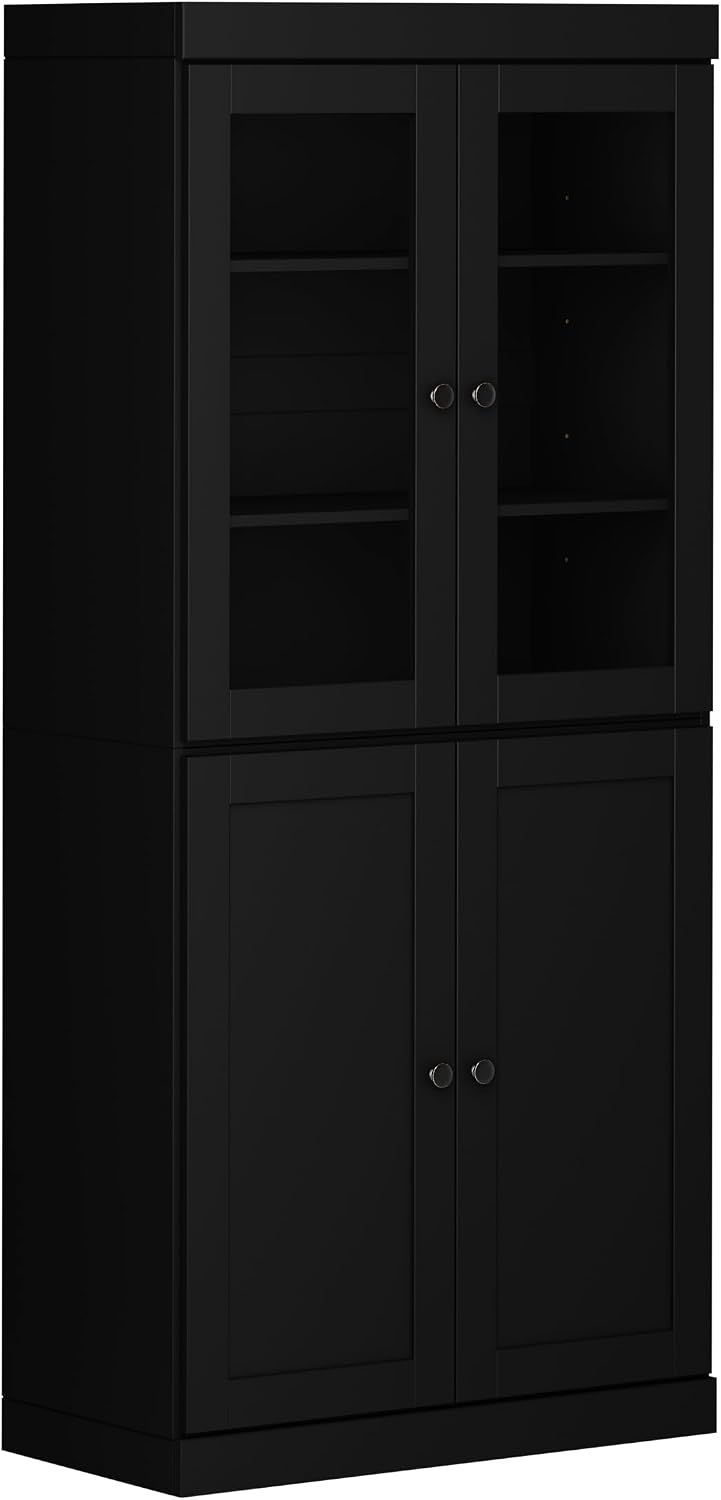 Palace Imports Solid Wood Tall Pantry Cabinet – 71.5" H x 32" W – Black Wooden Storage Cabinet for Kitchen w/Clear Glass/Shaker Doors & 4 Adjustable Shelves, 100% Eco-Friendly Wood, Made in Brazil