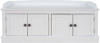 SOFTSEA 42.7" Shoe Bench with Padded Seat Cushion, 2-Tier Entryway Bench with 4 White Doors and Adjustable Shelves, Shoe Cabinet for Entryway, Bedroom, Living Room, White