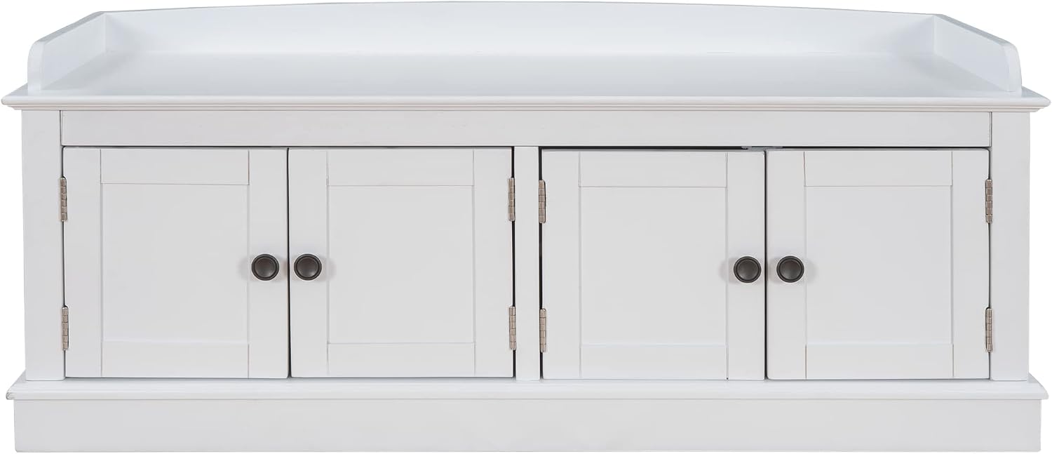 SOFTSEA 42.7" Shoe Bench with Padded Seat Cushion, 2-Tier Entryway Bench with 4 White Doors and Adjustable Shelves, Shoe Cabinet for Entryway, Bedroom, Living Room, White