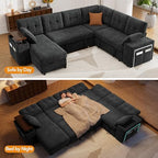 Vipbear 7 Seat Modular Sectional Sleeper Sofa with Pull Out Bed, L-Shaped Couch with Reclining Backrest, Lift Top Storage Chaise, USB LED Light, Tool-Free Assembly, Chenille Black