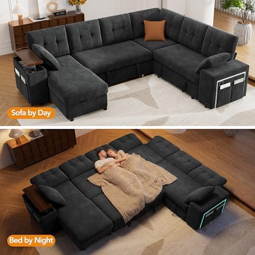 Vipbear 7 Seat Modular Sectional Sleeper Sofa with Pull Out Bed, L-Shaped Couch with Reclining Backrest, Lift Top Storage Chaise, USB LED Light, Tool-Free Assembly, Chenille Black