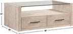 Pemberly Row Contemporary 3-Piece Coffee Table Set, Acacia Wood Veneers, Toffee Finish, Tempered Glass Tops, Includes Castered Coffee Table and 2 End Tables for Living Room or Lounge Use
