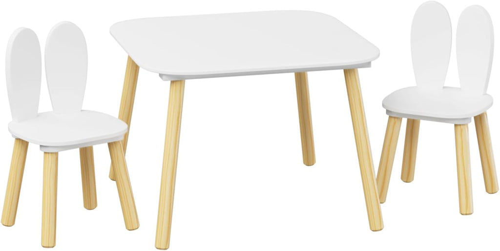 Rabbit Ear Kids Table and Chairs Set for Toddlers - White Wooden Childrens Play Table with 2 Chairs, 23.6 inch Kids Desk with Rounded Corners for Playroom (Solid Wood+MDF, White(Rabbit Ear))