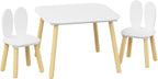 Rabbit Ear Kids Table and Chairs Set for Toddlers - White Wooden Childrens Play Table with 2 Chairs, 23.6 inch Kids Desk with Rounded Corners for Playroom (Solid Wood+MDF, White(Rabbit Ear))