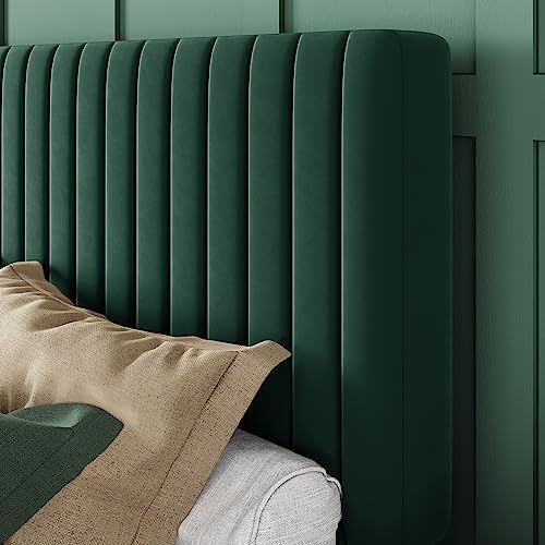 Allewie King Bed Frame, Velvet Upholstered Platform Bed with Adjustable Vertical Channel Tufted Headboard, Mattress Foundation with Strong Wooden Slats, Box Spring Optional, Easy Assembly, Green