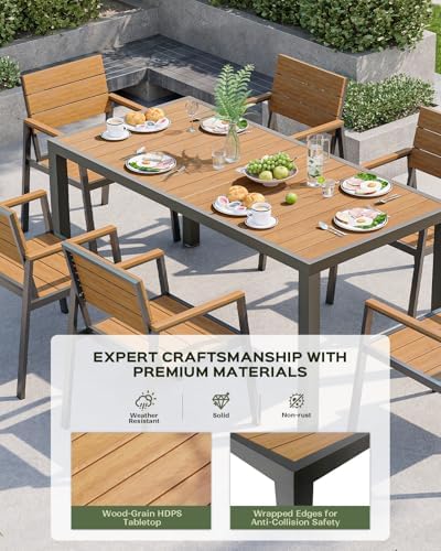 Vexwalx 7-Piece Outdoor Dining Set, Aluminum Dining Table Set for 6, Patio Table and Chairs Set with Umbrella Hole, All Weather HDPS Outdoor Table and Chairs for 6 (Gray-Teak)