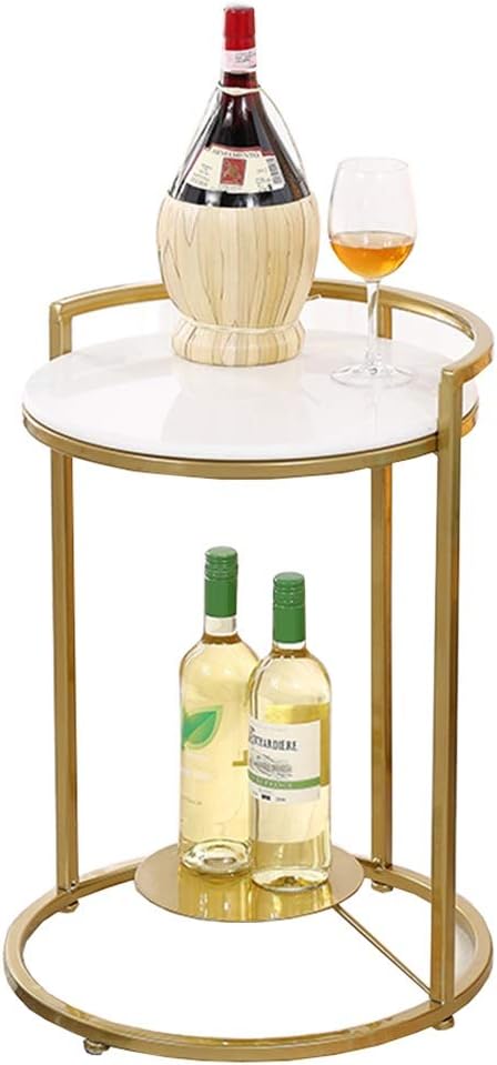 Telephone Table, Side Table Living Room Marble Small Round Table Telephone Table Golden Wrought Iron 2 Layer Corner Table Snack Table，16.9"×21.6" (Color:White)