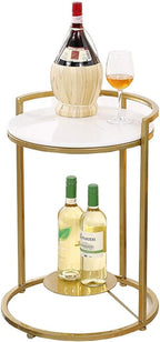 Telephone Table, Side Table Living Room Marble Small Round Table Telephone Table Golden Wrought Iron 2 Layer Corner Table Snack Table，16.9"×21.6" (Color:White)