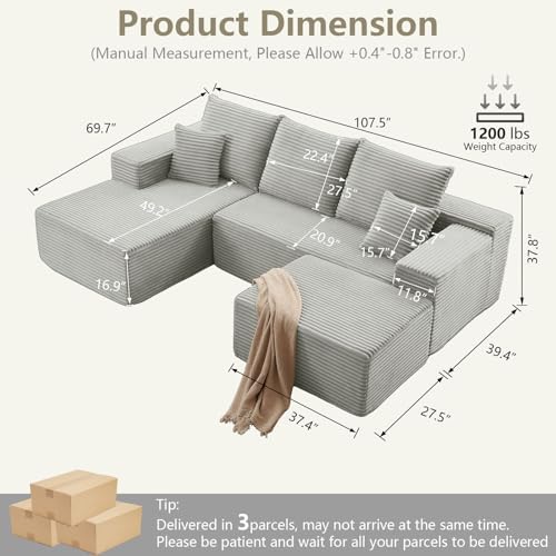 Lakifun 107" L-Shape Sofa with Ottoman, Modern Modular Sectional Comfy U-Shape Cloud Couch, Deep Seat, Upholstered Corduroy Sleeper Chaise Longue for Living Room Bedroom, No Assembly Required, Grey