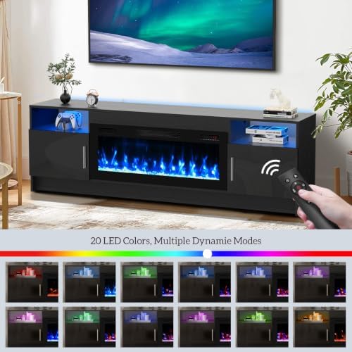 BREEZEHEAT Electric Fireplace TV Stand with 36 inch Fireplace Up to 80" TVs-Led Entertainment Center with High Glossy Doors-70 inch TV Cabinet, Modern Media Console for Living Room(Black)