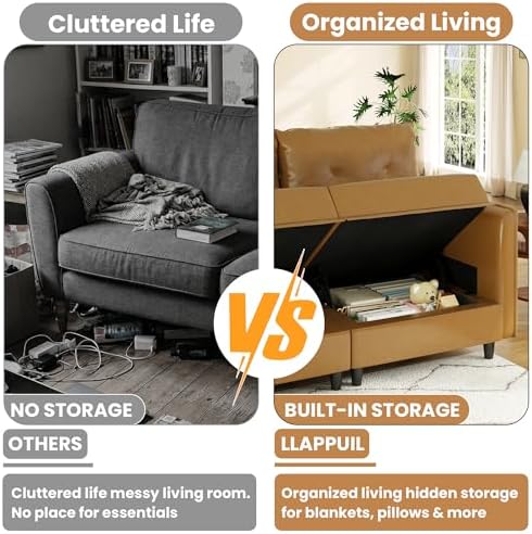 LLappuil 7-Seater L-Shaped Sectional Modular Sofa with Storage, Deep Seat Faux Leather Couches for Living Room, Waterproof & Scratch Resistant, Cognac Tan