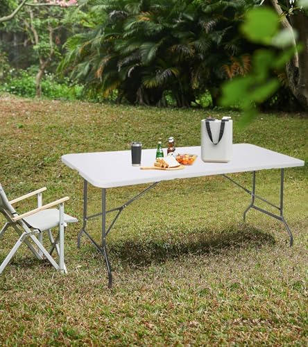 6ft Table Large Folding Table White Folding Table with Portable Carrying Handle 6ft Heavy Plastic Foldable Table for Party, Wedding, Events, Dining, Camping, Picnic Indoor (White, 4 Pcs)