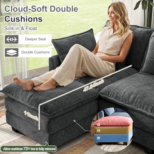 107" Cloud Couch Sectional Modular Sofa, Deep Seat Couches with Ottoman and Removable Washable Pillows for Living Room, Bedroom, Apartment, Black