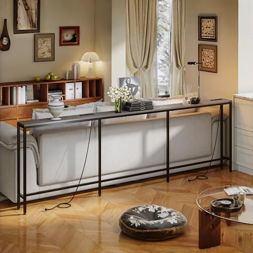 102.4" Behind Couch Table with 2 Fast Charging Stations, 7.1" Narrow Skinny Sofa Table with 4 Power Outlets, 4 USB-A, 2 USB-C for Console Entryway, Black Oak