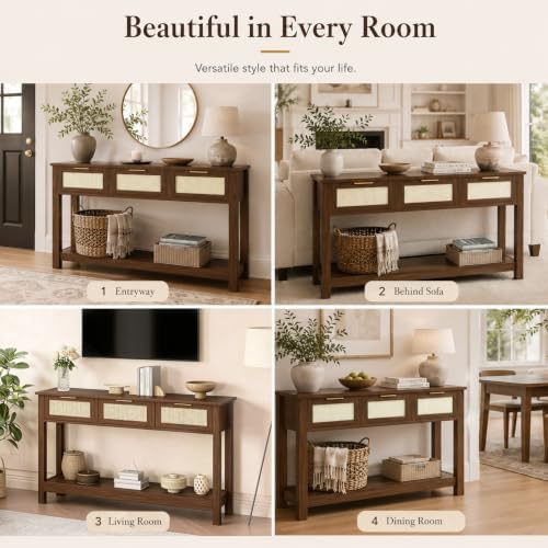 Luoxiao Console Table for Entryway with 3 Rattan Drawers Storage Open Shelf | Narrow Entry Table for Hallway, Foyer, Couch, Front Entrance, Anti-Tip, Easy to Assemble, 47 Inch, Walnut, Mid-Century Modern