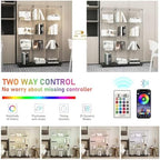 4 Tiers Glass Display Cabinet Extra Large with Bluetooth LED Light Strip, 2 Doors Floor Standing Curio Cabinet with Universal Wheel for Home, Black Glass Bookshelf for Collections, Clear Top