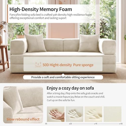78.8" Couch for Living Room, Futon Sleeper Sofa Bed | Convertible Sofa Bed, Corduroy Pull Out Couch Loveseat with Storage Pocket, Modular Design, No Assembly, White